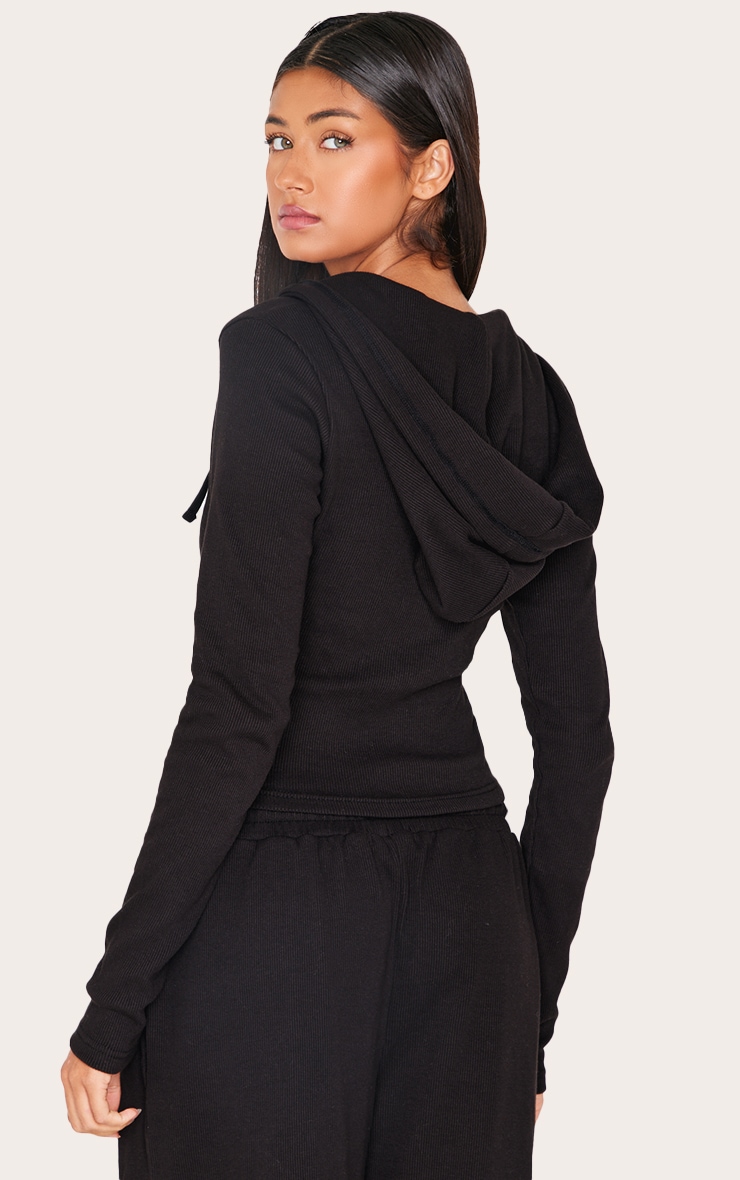 Black Zip Up Ribbed Track Top image 2
