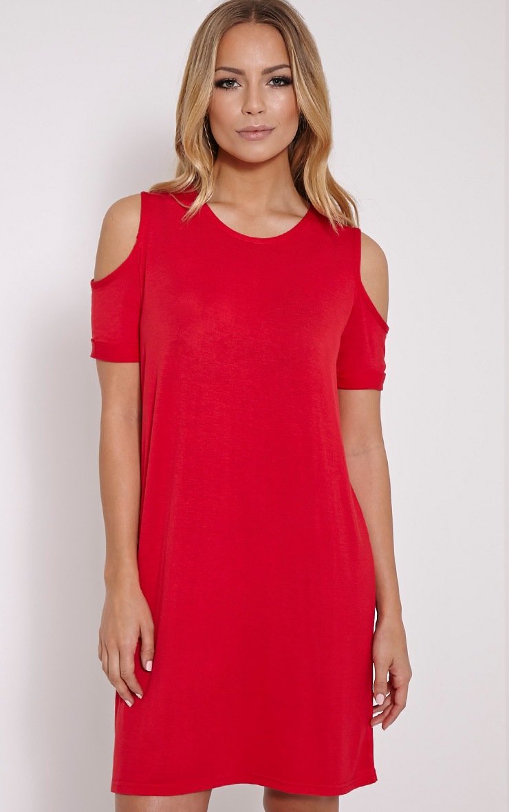 pretty little thing red off the shoulder dress