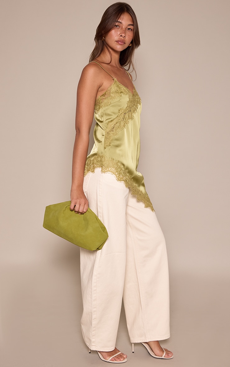 Olive Satin Lace Detail Asymmetric Long Top image 3