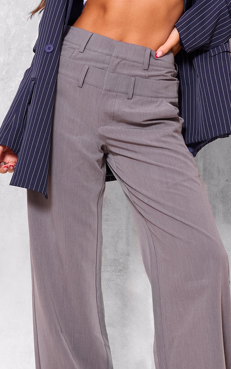 Grey Tailored Woven Double Waistband Straight Leg Trousers image 4