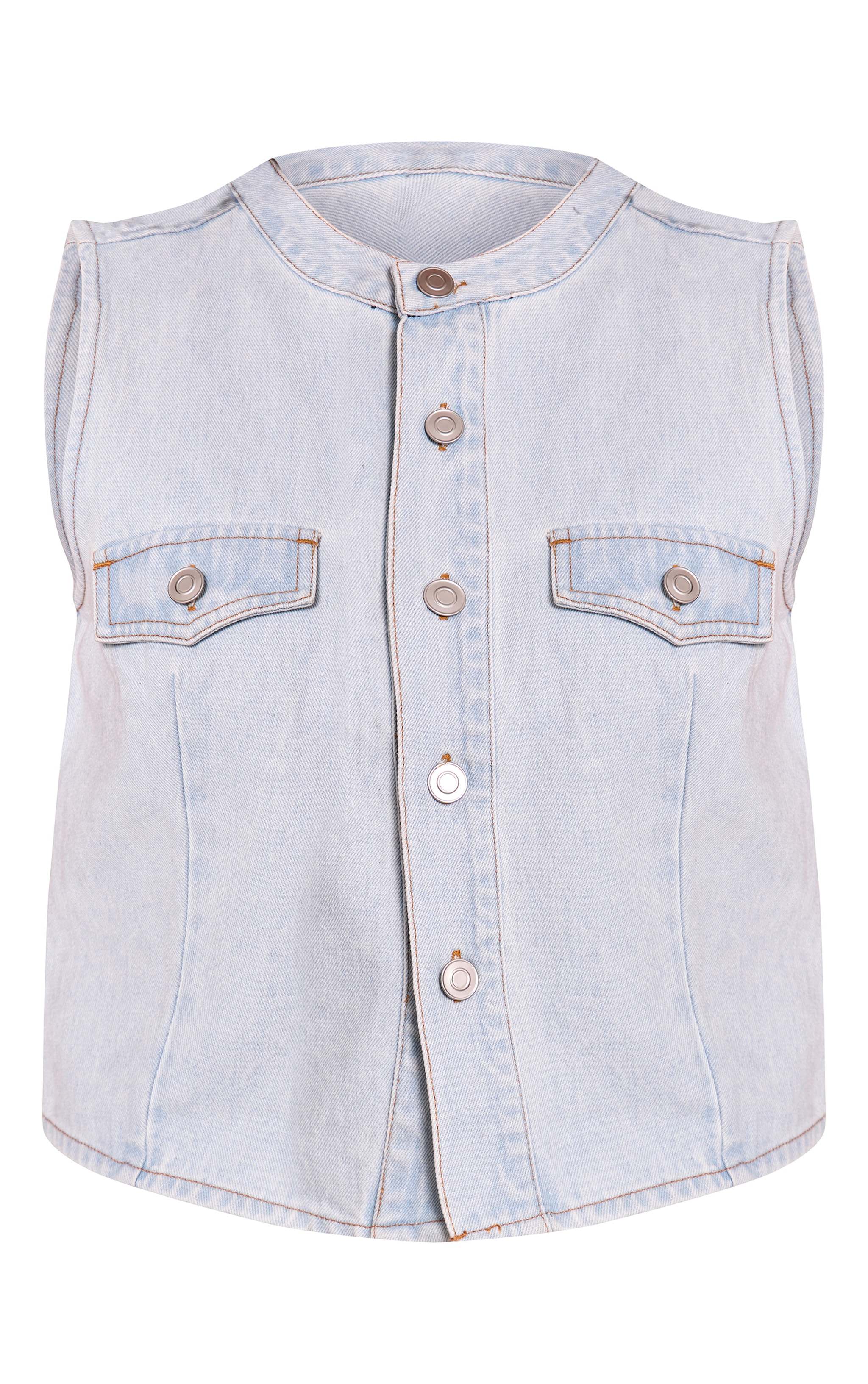  Light Blue Round Neck Cinch Waist Denim Vest image 5