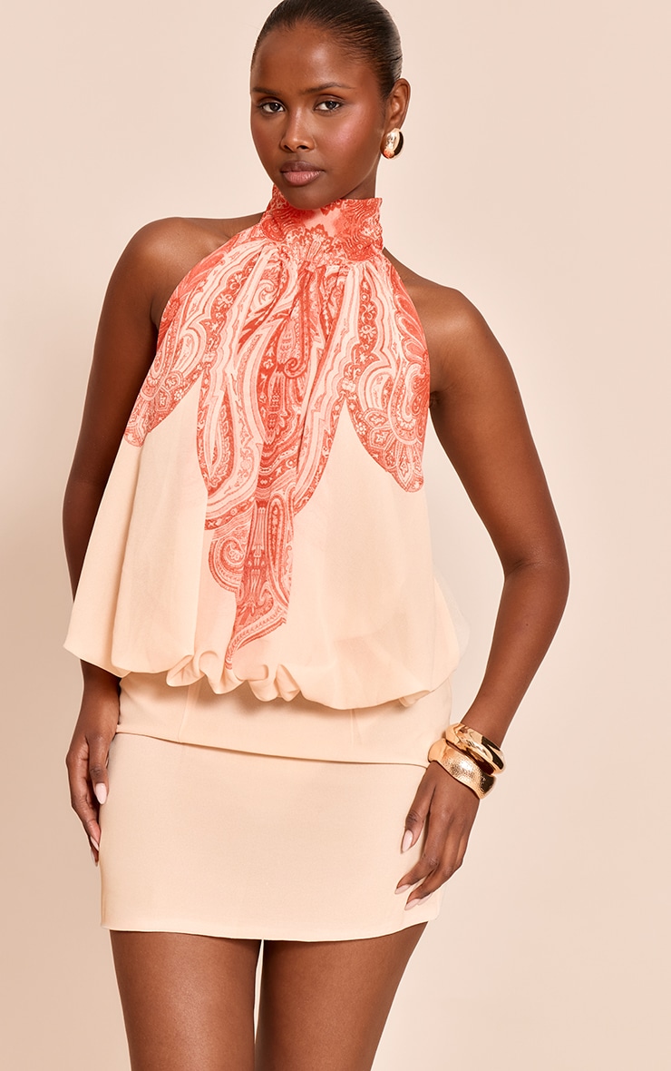  Pink Paisley Print Chiffon Halter Neck Puff Ball Top image 4