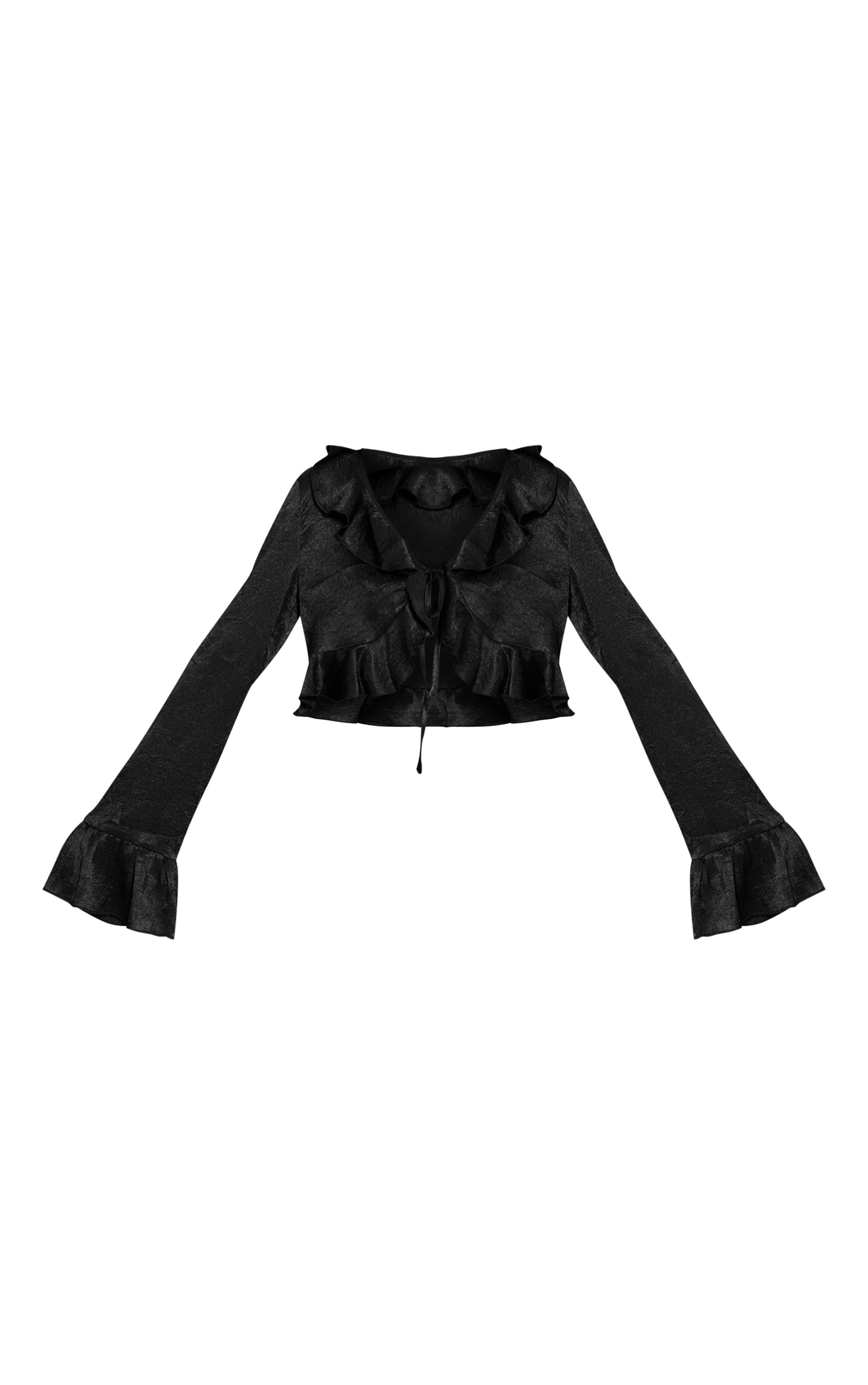 Black Textured Satin Frill Detail  Tie Front Cropped Top image 5