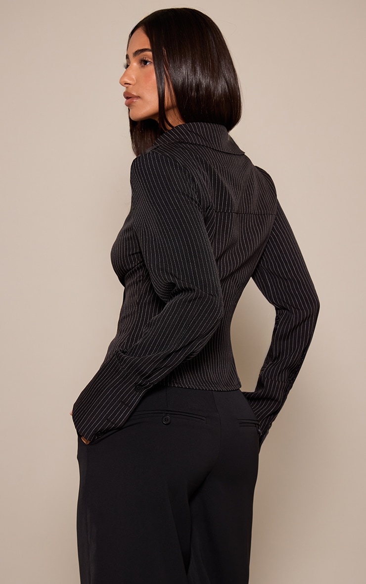 Petite Black Pinstripe Ruched Bust Button Up Shirt  image 2
