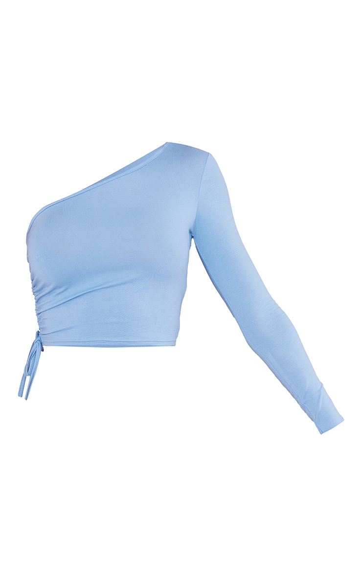 Baby Blue Jersey Drawstring Side One Shoulder Crop Top image 5