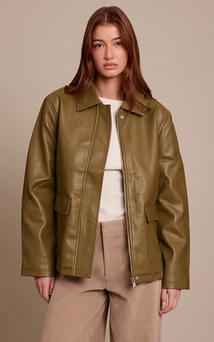 Khaki Faux Leather Oversized Jacket