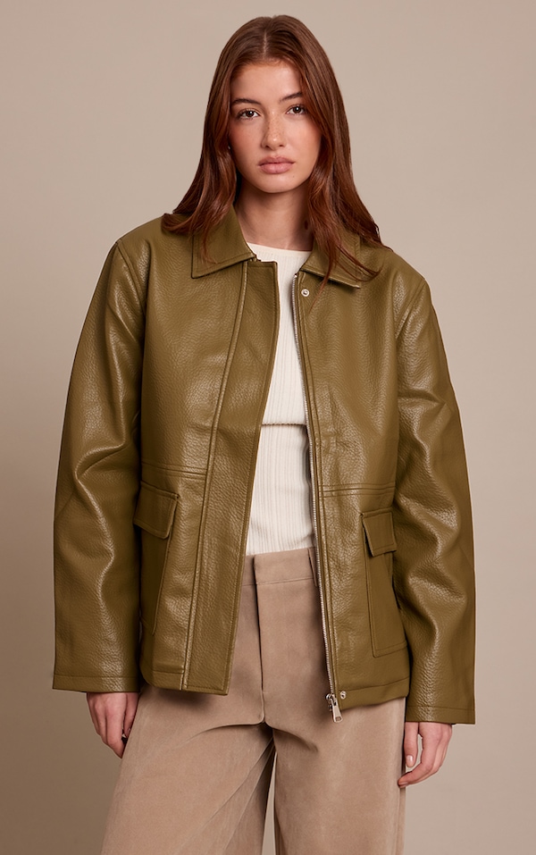 Khaki Faux Leather Oversized Jacket
