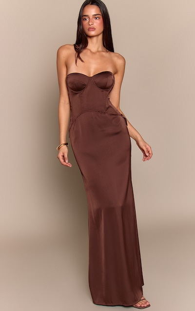 Deep Chocolate Corset Detail Overlay Maxi Dress