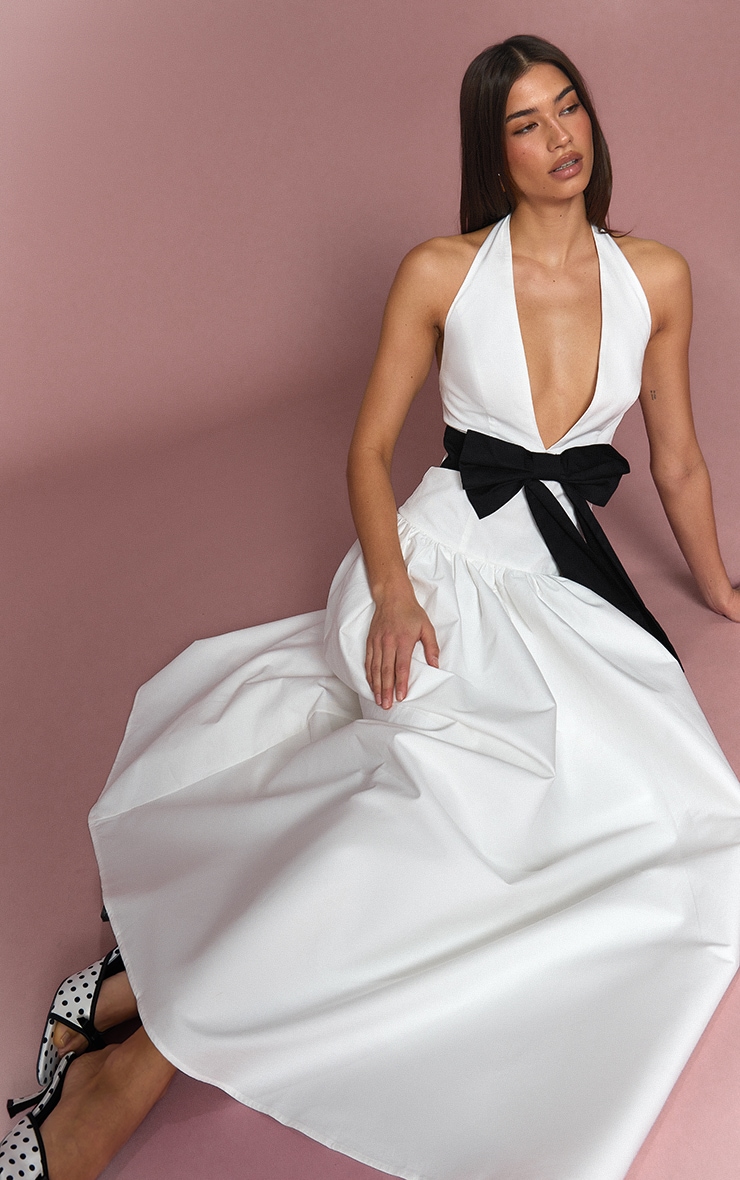 White Woven Bow Detail Skater Maxi Dress image 1