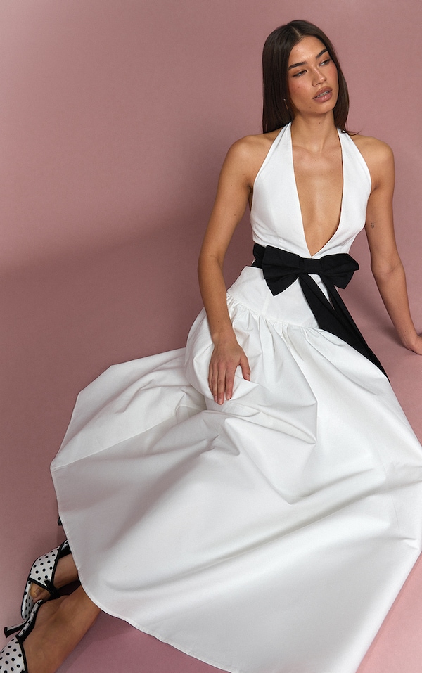 White Woven Bow Detail Skater Maxi Dress