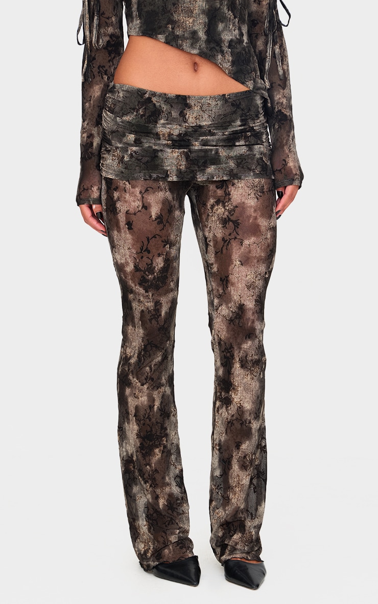 Charcoal Devore Mesh Foldover Slim Flare Trousers image 2