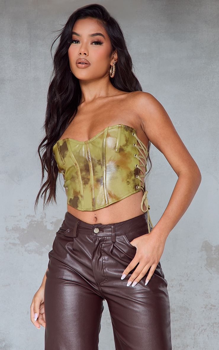 Olive Textured Faux Leather Lace Up Sides Crop Top image 1