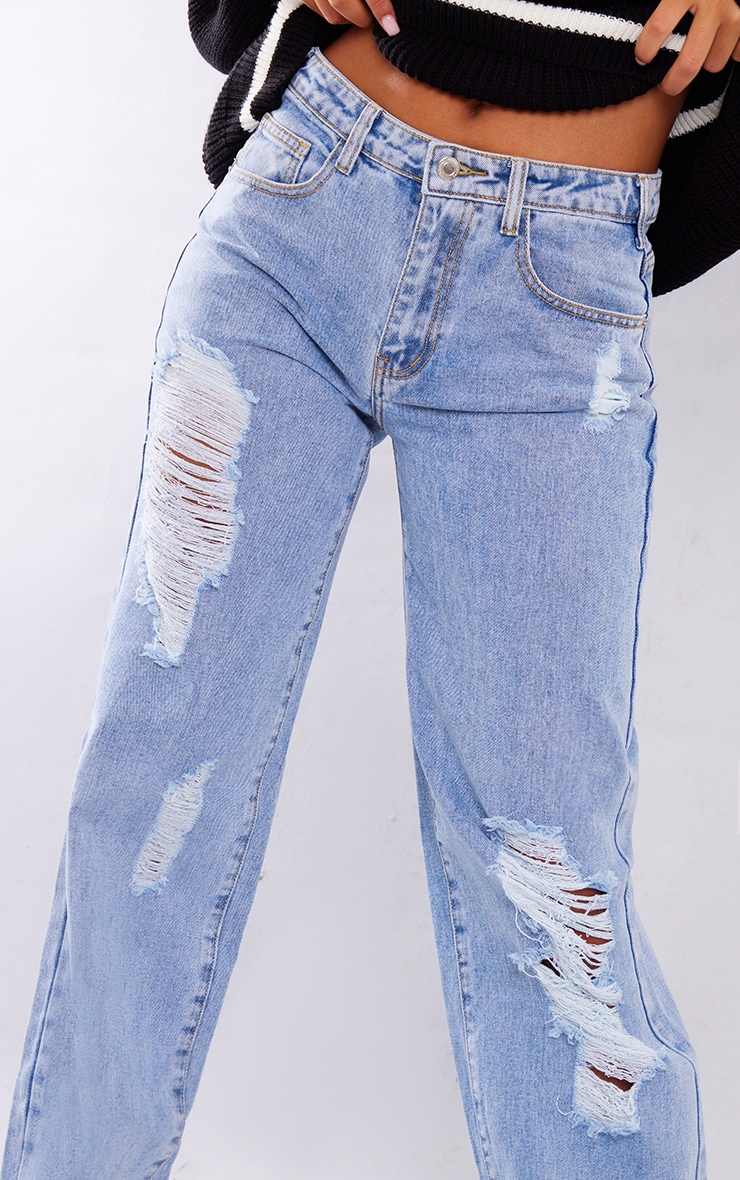 Tall Light Blue Straight Leg Extreme Ripped Jeans image 4