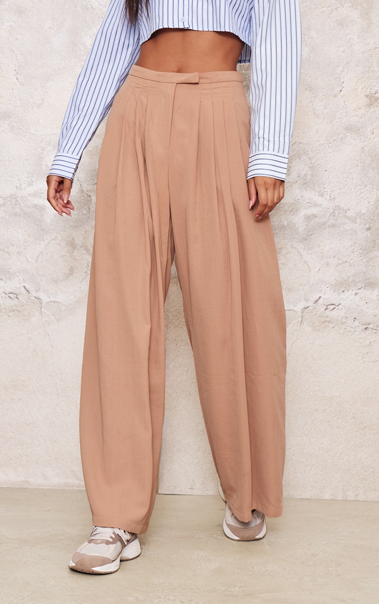 Taupe Pintuck Detail Wide Leg Tailored Trousers image 2