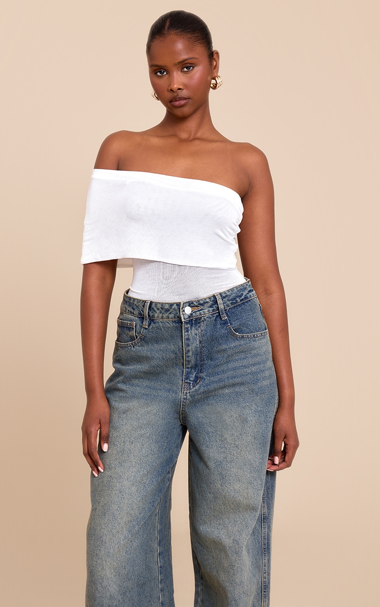 White Sheer Soft Touch Fold Over Detail One Shoulder Long Top image 1