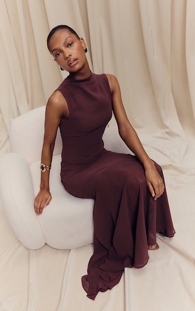 Dark Plum Chiffon High Neck Cowl Top