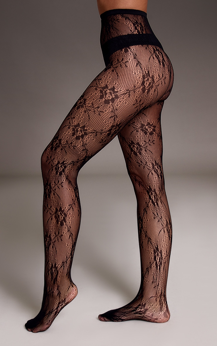 Black Lace Floral Tights image 1