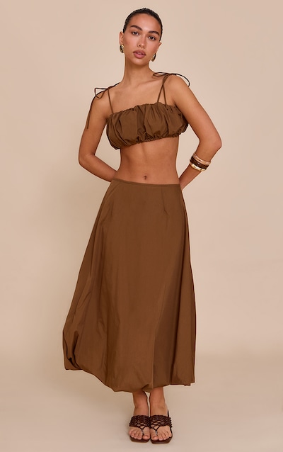 Jupe Bouffante longue Taille Basse en Popeline de Coton Châtaigne