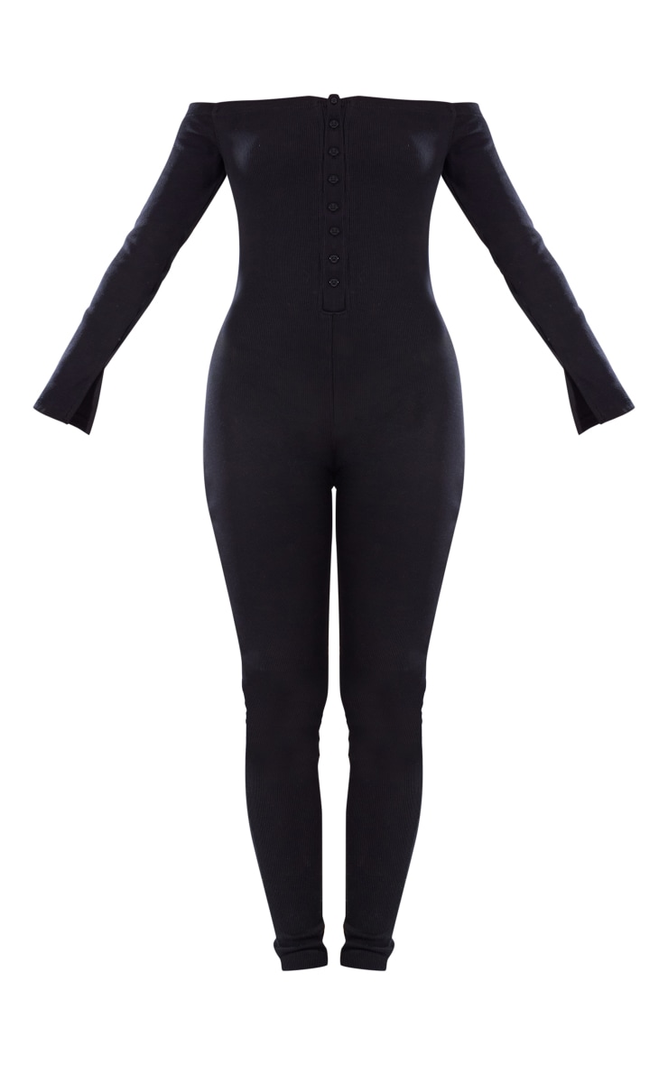 Black Off The Shoulder Button Front Ribbed Jumpsuit image 5