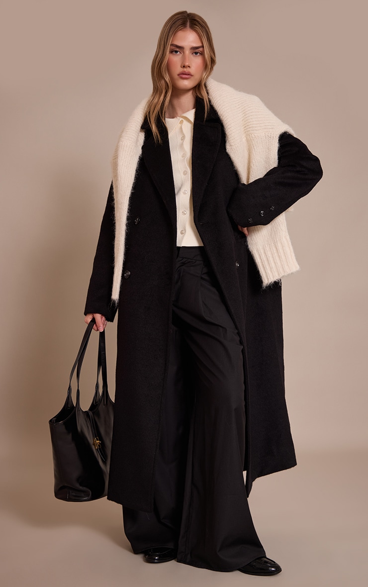 Manteau long structuré effet laine noir à double boutonnière image 3