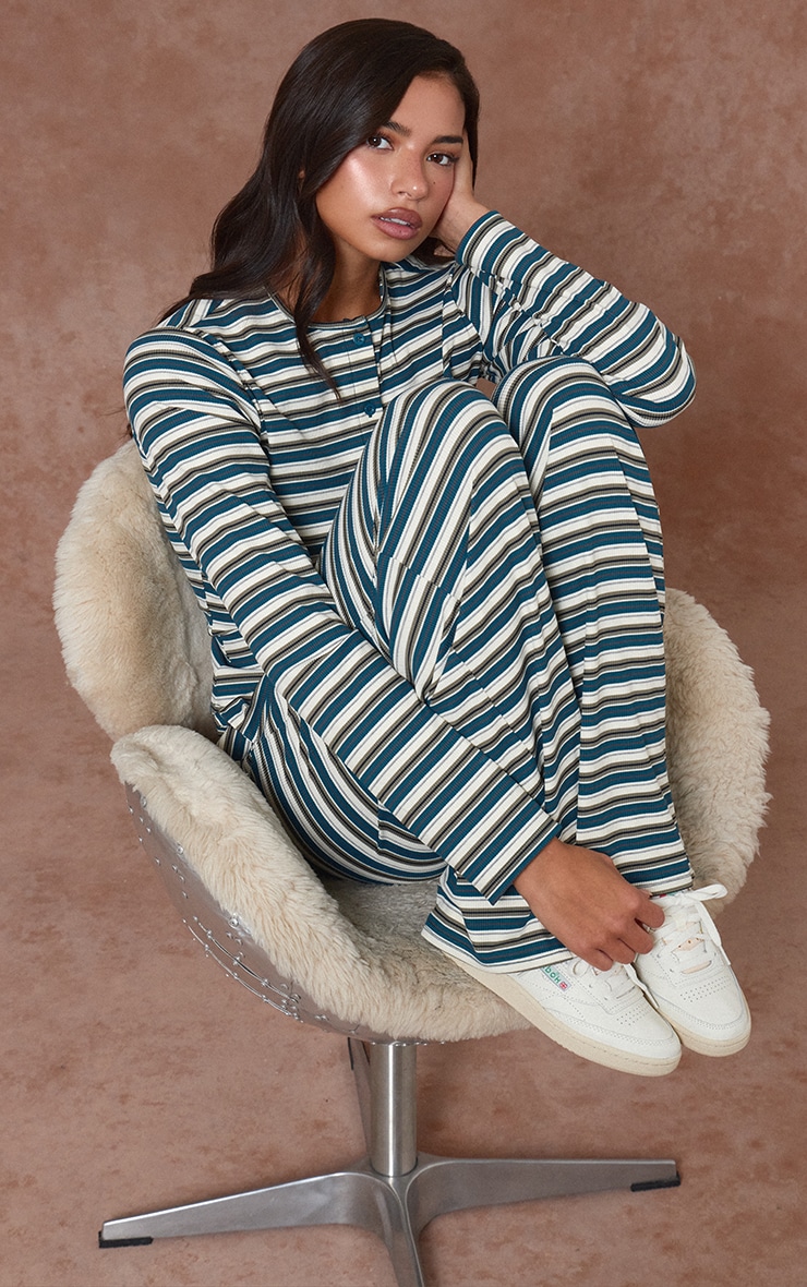 Green Stripe Soft Rib Elasticated Waist Pants