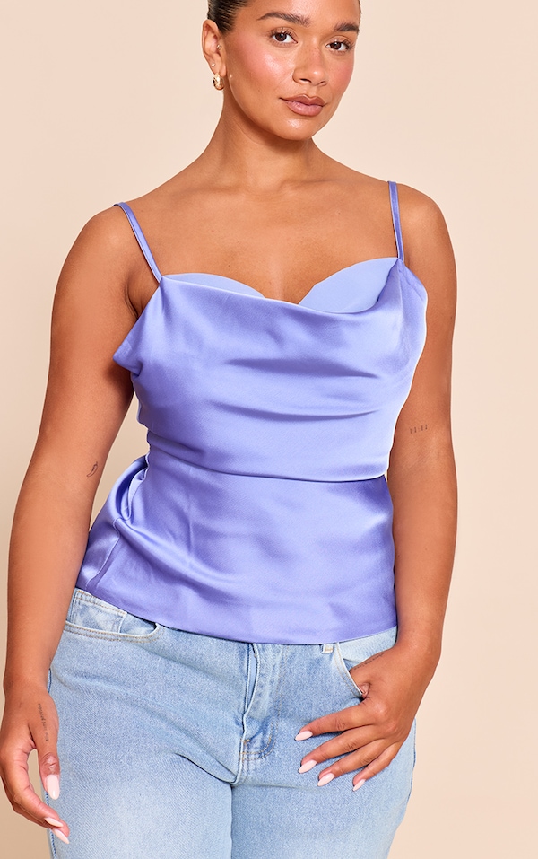 Shape Blue Satin Cowl Neck Chiffon Insert Top