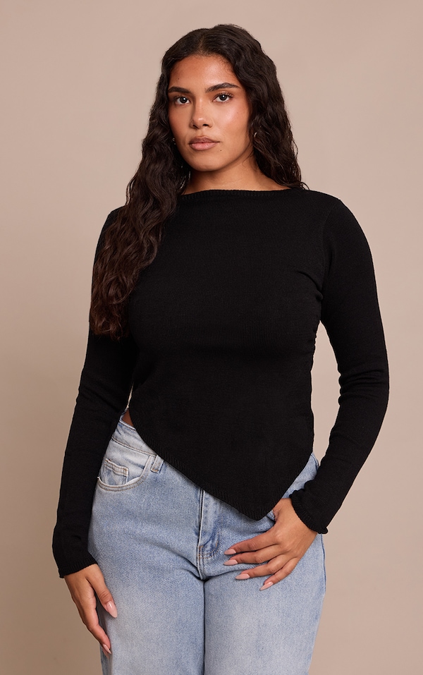 Shape Black Knit Asym Long Sleeve Top