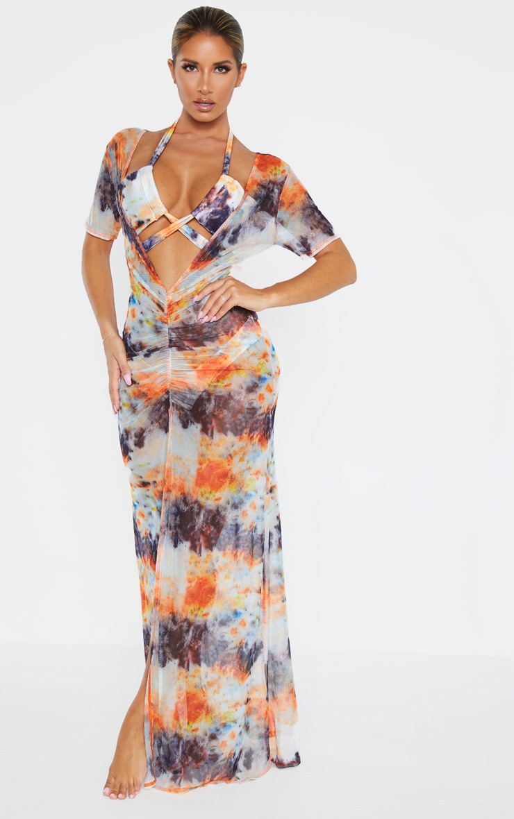 Robe de plage longue froncée orange à imprimé tie & dye