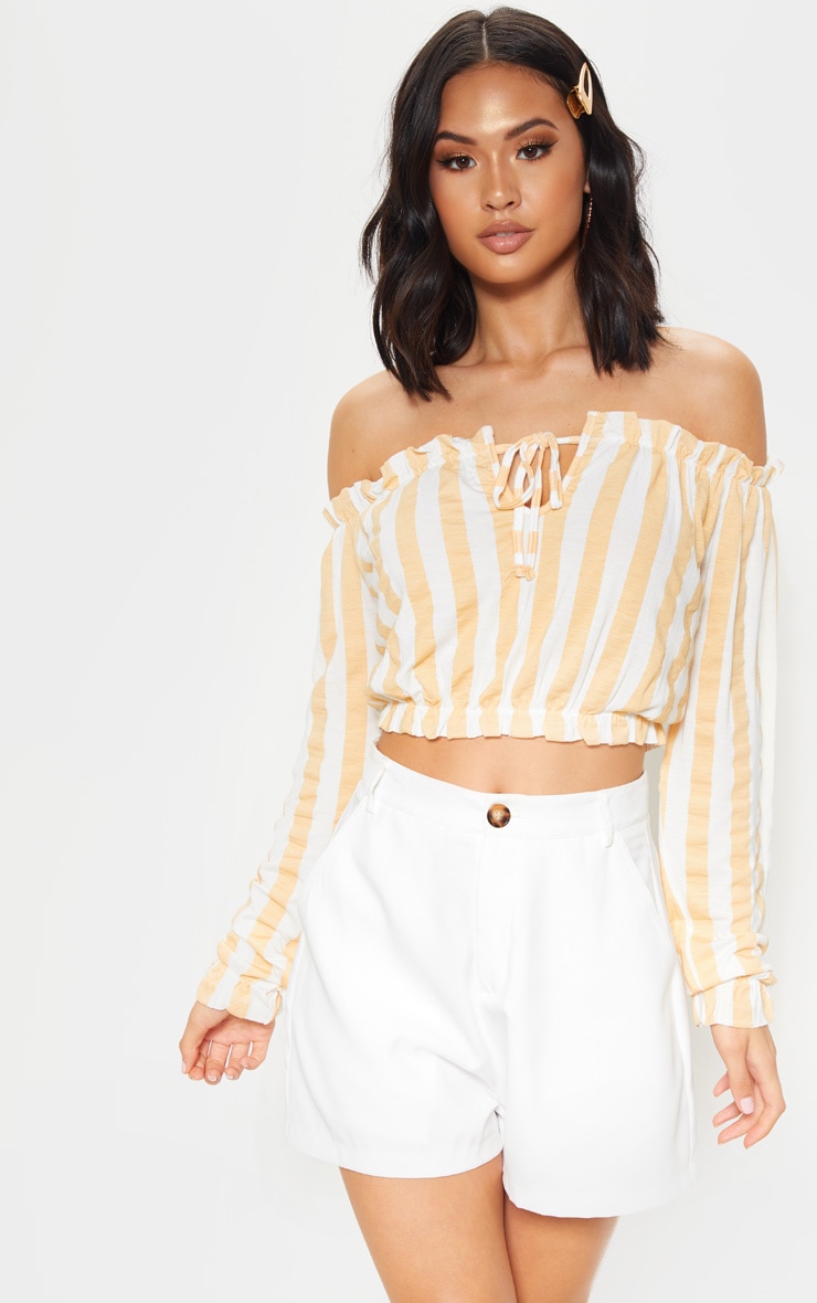 Nude Stripe Printed Bardot Long Sleeve Crop Top