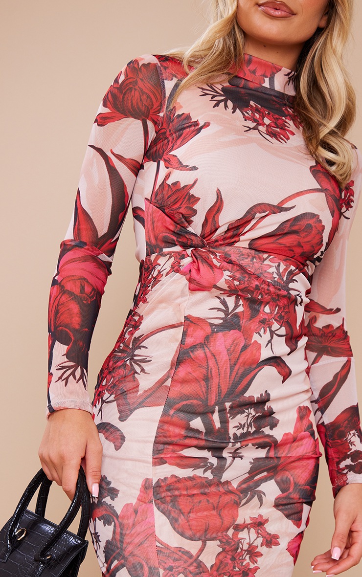 Nude Floral Print Mesh Twist Detail Long Sleeve Midaxi Dress image 4