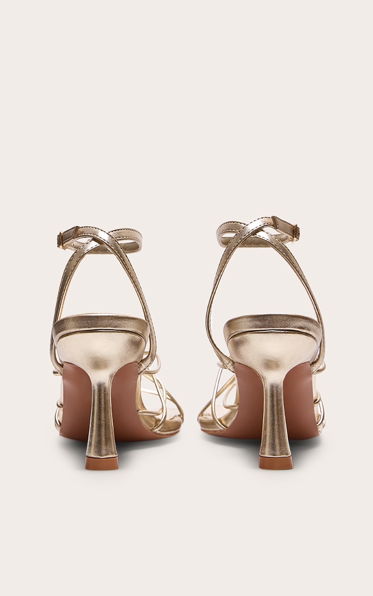Gold PU Metallic Square Toe Cross Over Strappy Mid Heeled Sandals image 3