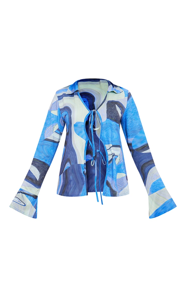 Maternity Blue Wave Print Slinky Button Through Shirt image 5