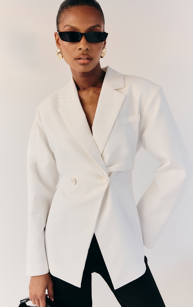 White Linen Look Tailored Cinched Waist Blazer image 1