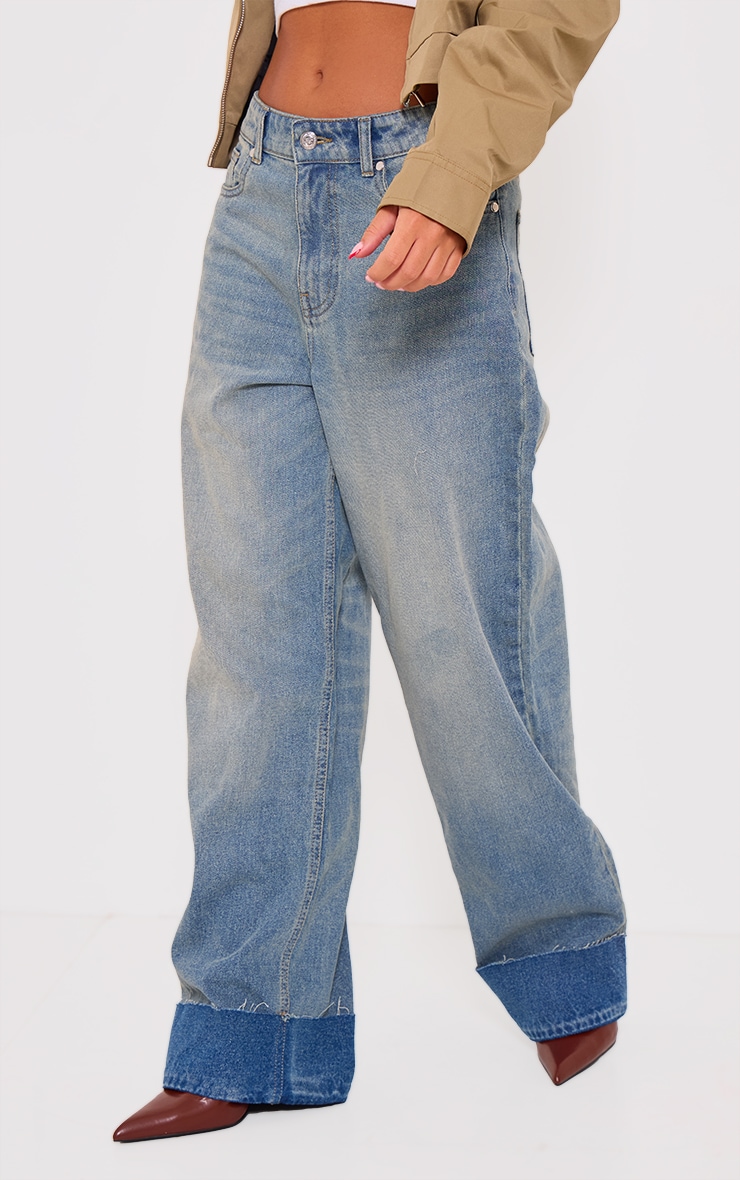 Mid Blue Wash Turn Up Denim Jeans image 2