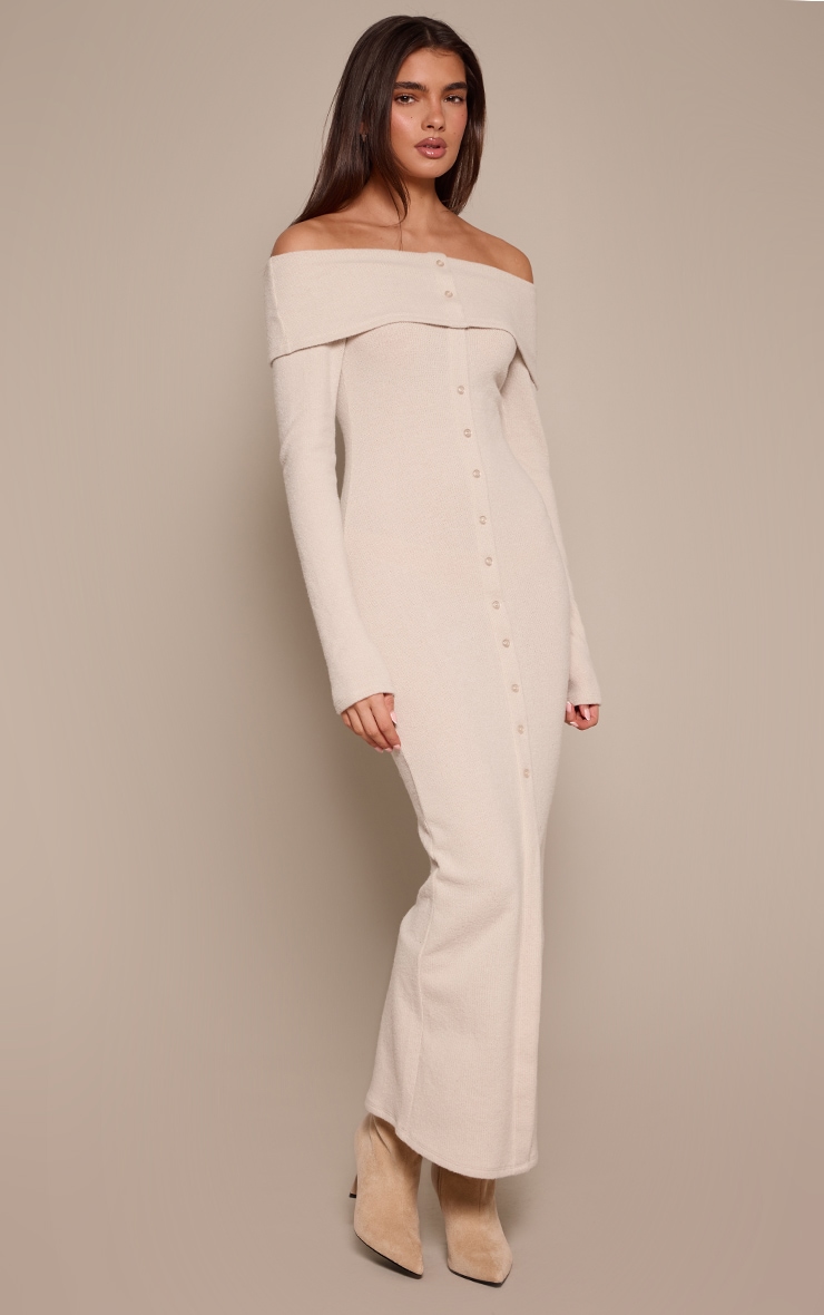 Cream Ribbed Bardot Button Down Maxi Dress image 3