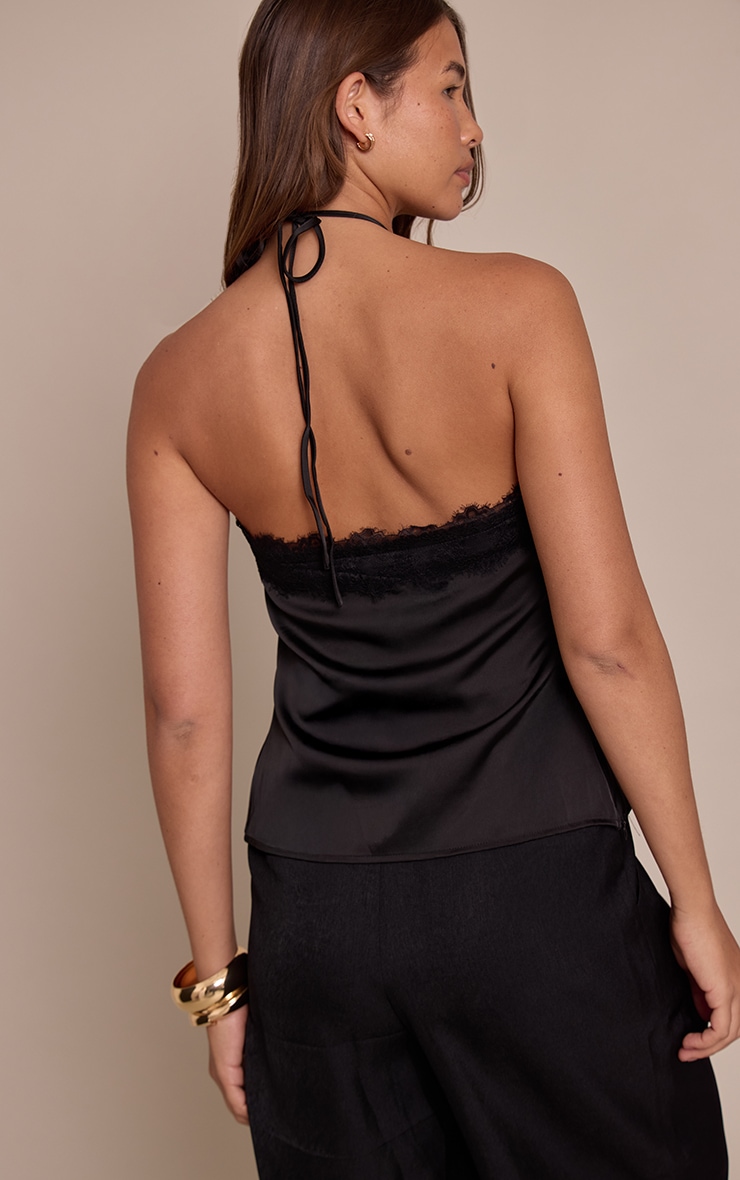 Black Satin Lace Trim Halterneck Cami Top image 2