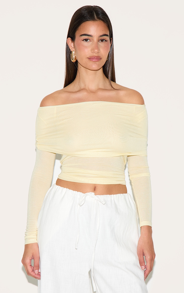 Lemon Sheer Soft Touch Fold Over Detail Bardot Long Sleeve Top image 1