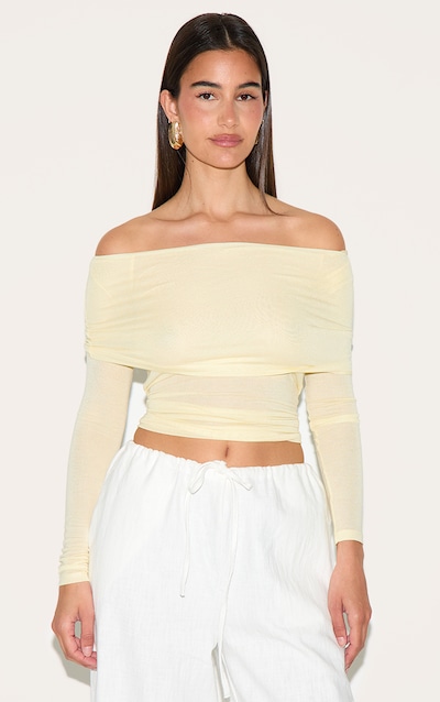 Lemon Sheer Soft Touch Fold Over Detail Bardot Long Sleeve Top