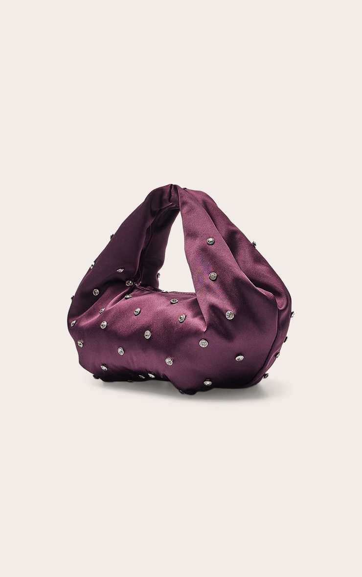 Plum Satin Diamante Stud Clutch Bag image 3