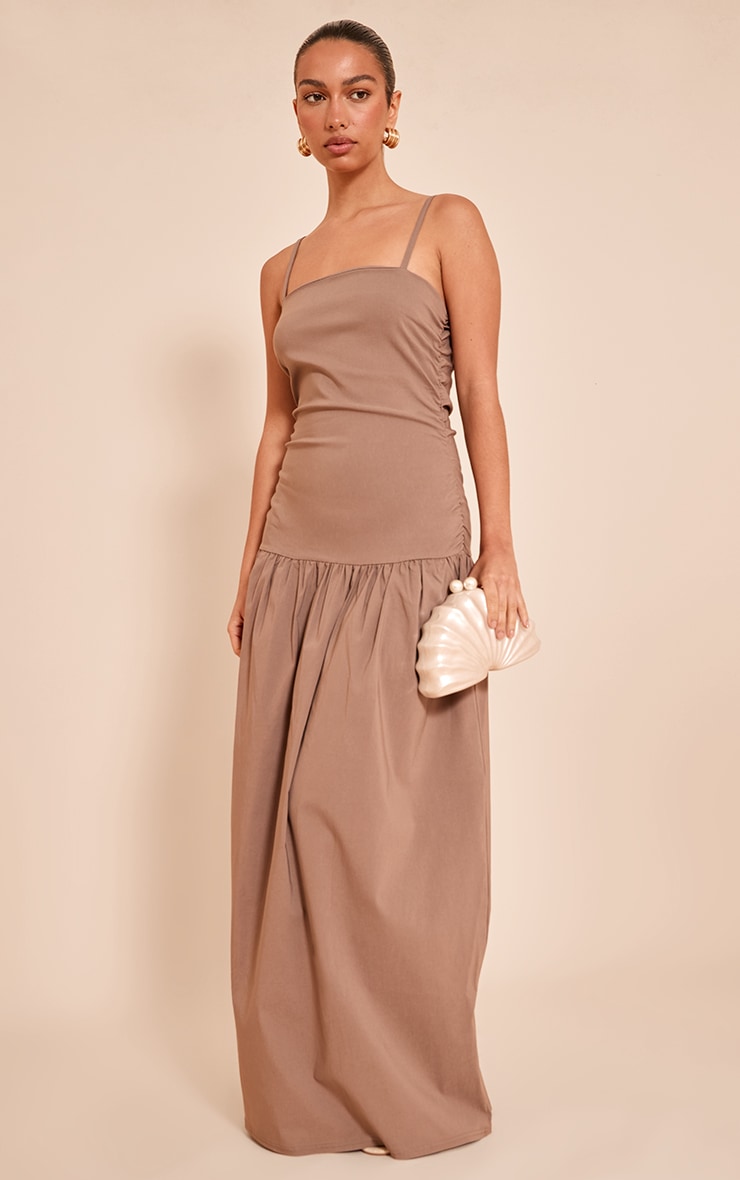 Taupe Stretch Woven Strappy Ruched Maxi Dress image 3