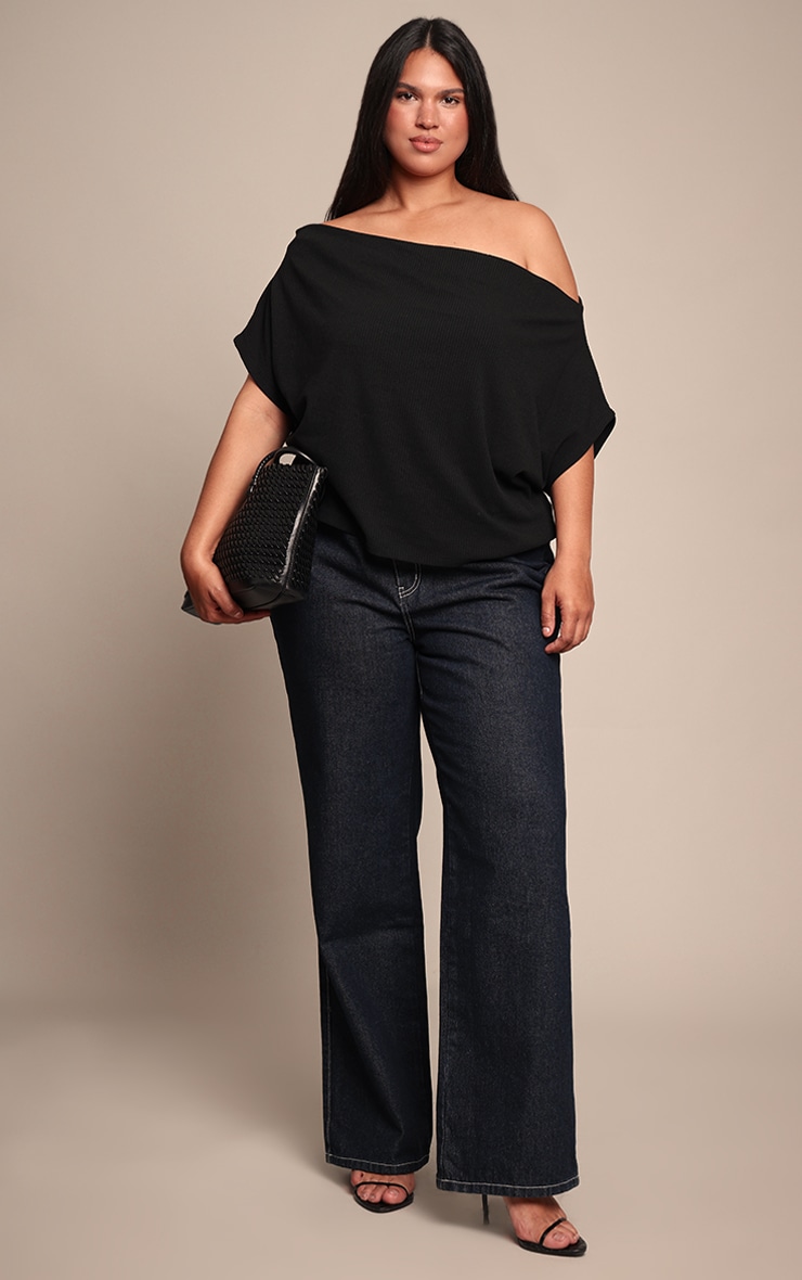 Plus Black Thick Rib Asymmetric Slouchy Long Top image 3