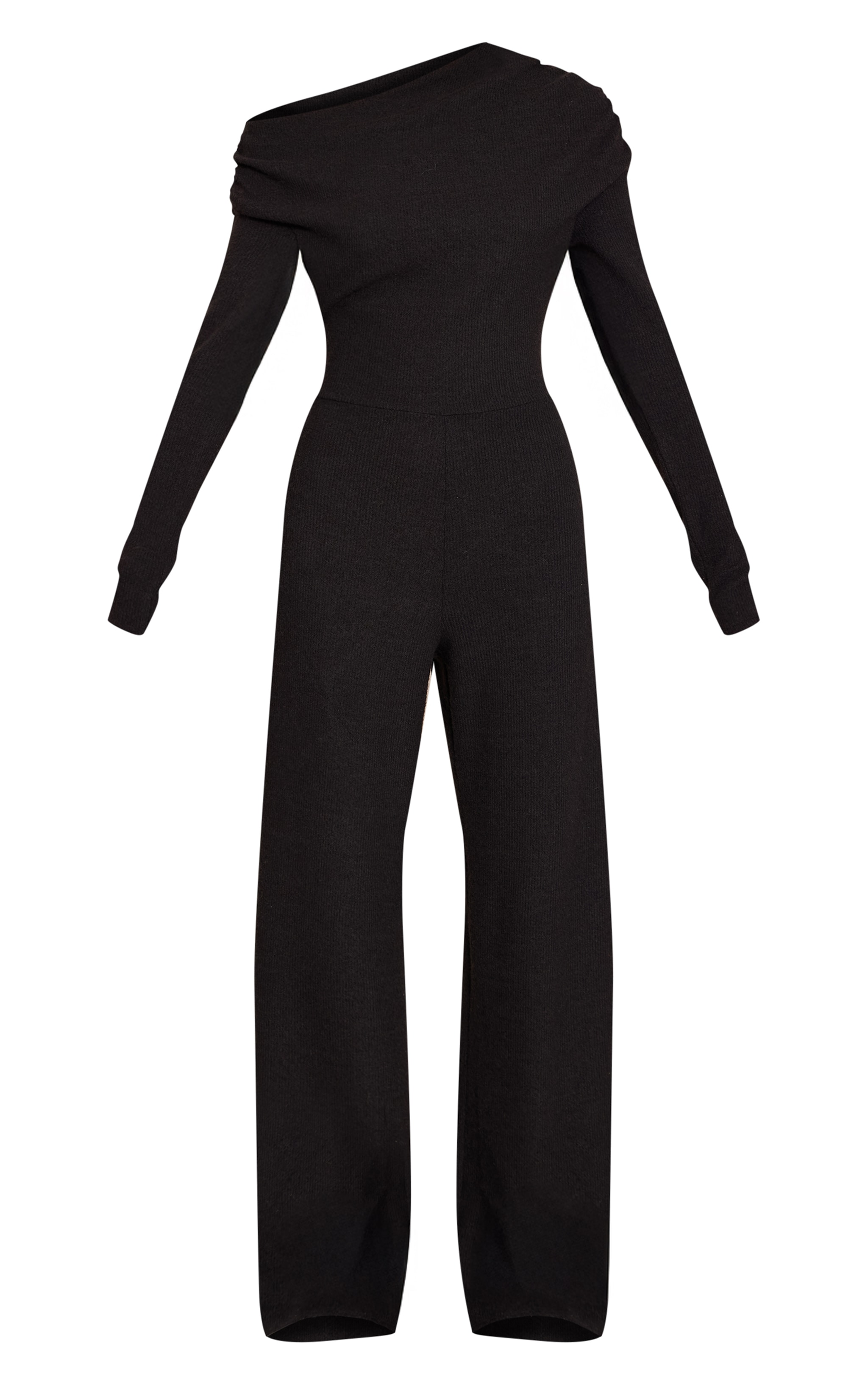 Black Ribbed Asymmetric Neck Wide Leg Jumpsuit image 5