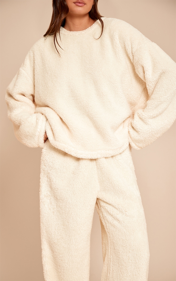 Cream Fleece Sweatshirt Pajama Set image 4
