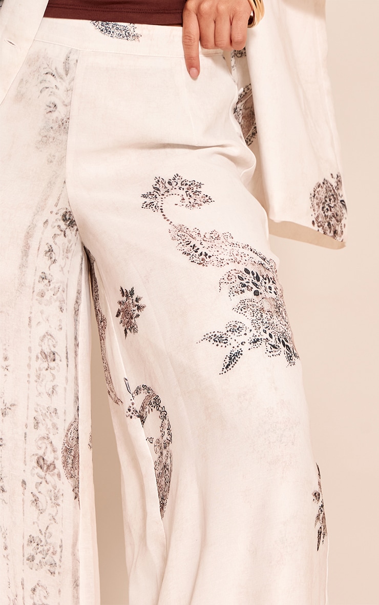  Cream Paisley Print Woven Tailored Extreme Wide Leg Pants image 4