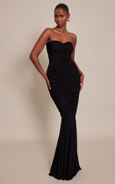 Black Mesh Bandeau Ruched Detail Maxi Dress
