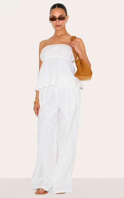 Petite Pantalon large fluide en effet lin blanc