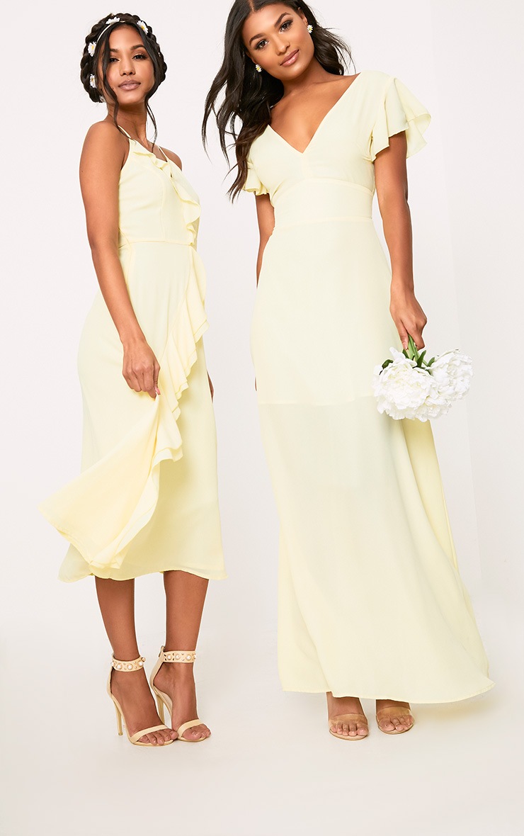 Dallia Lemon Ruffle Detail Midi Dress | Dresses | | PrettyLittleThing