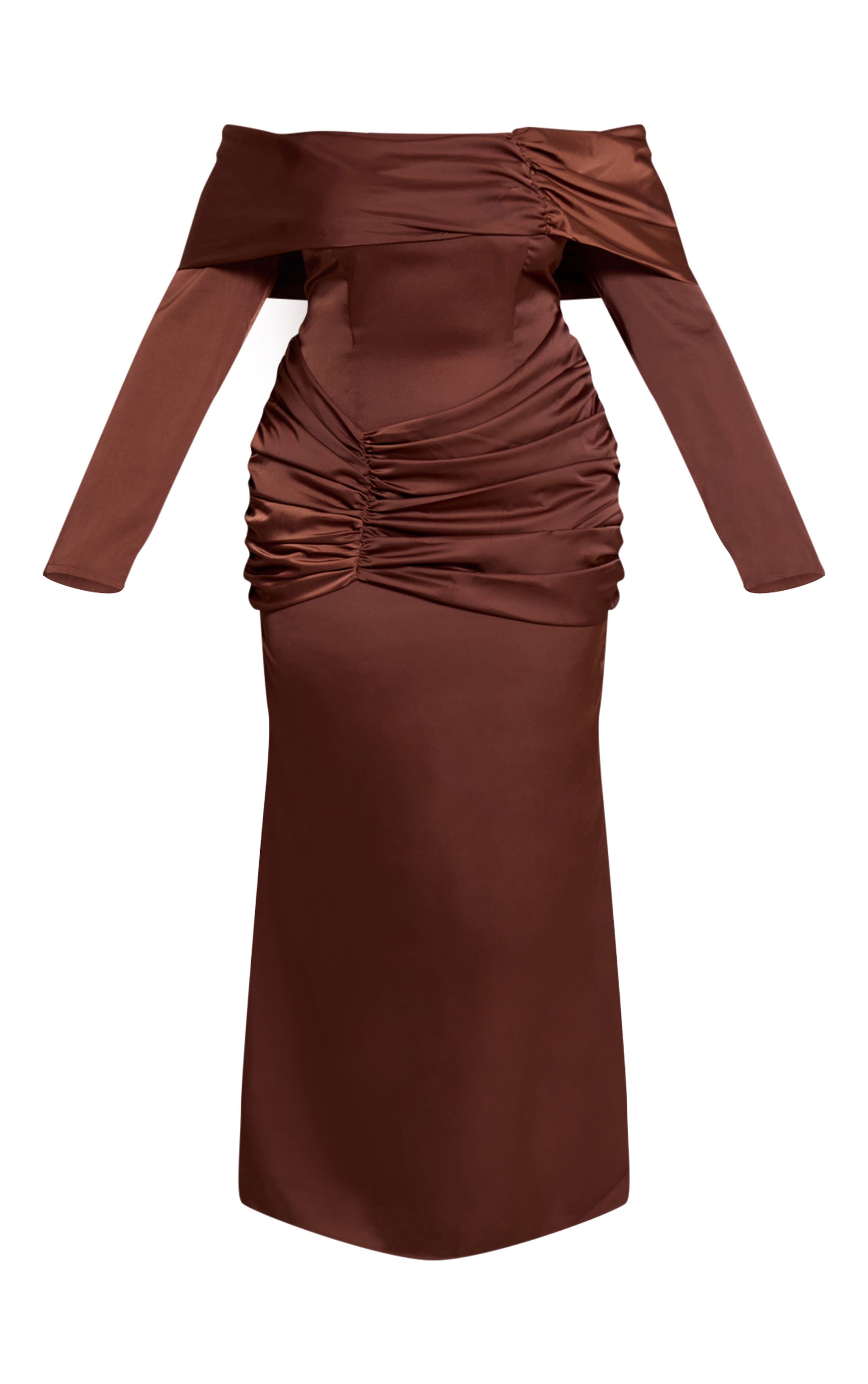 Plus Chocolate Satin Ruched Detail Off Shoulder Maxi Dress image 5