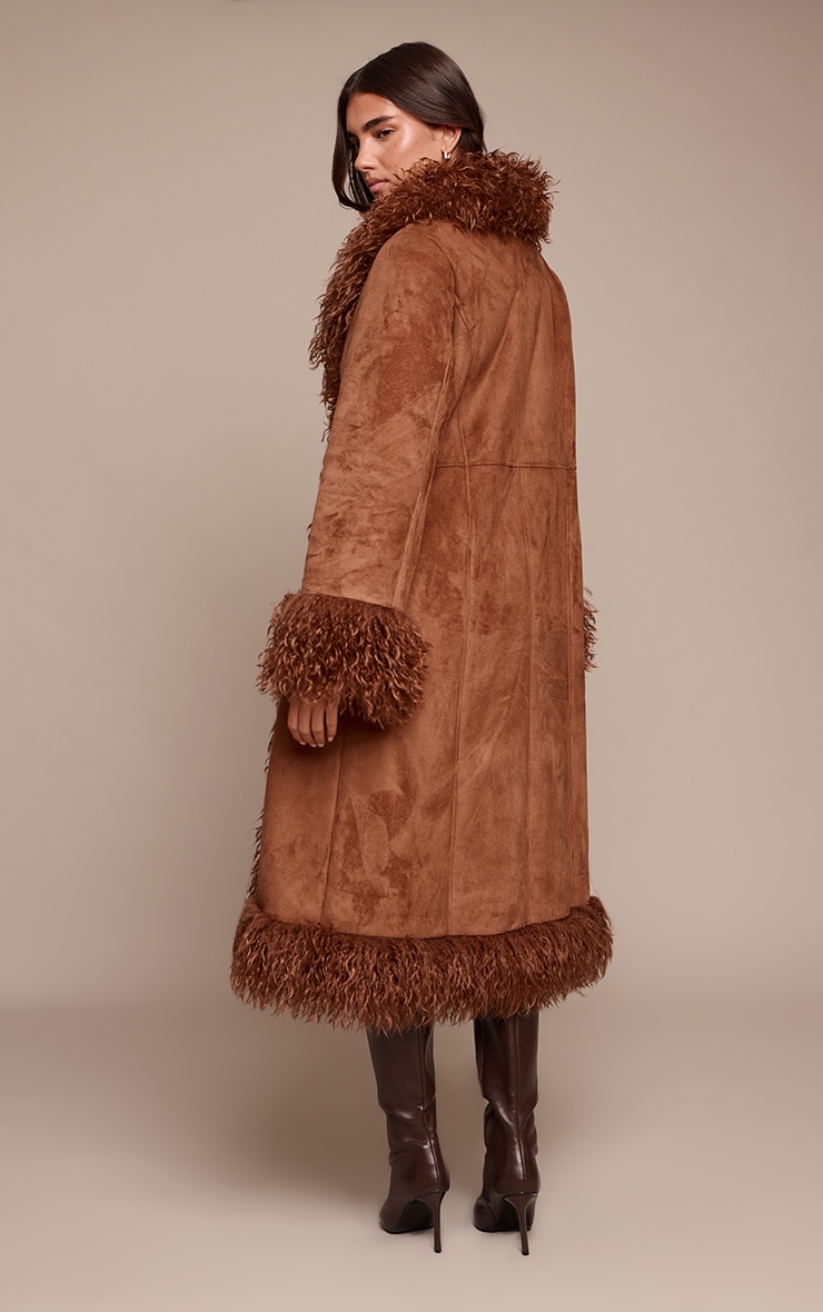 Tan Faux Fur Trim Maxi Coat image 2