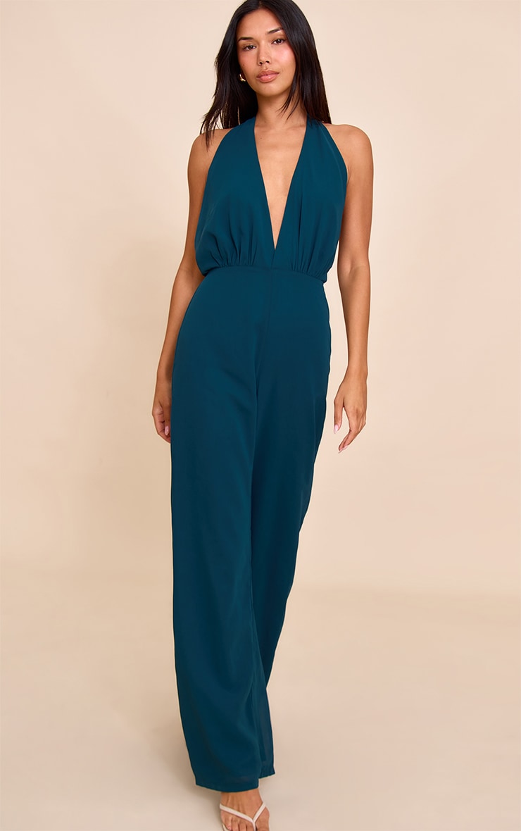 Teal Chiffon Cowl Neck Bead Detail Jumpsuit image 3